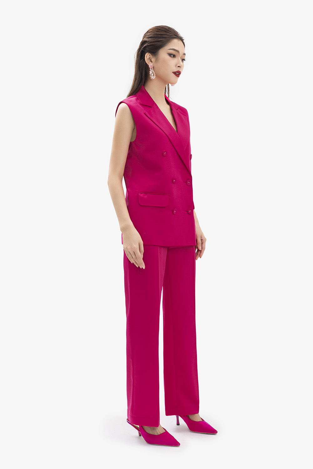 Quần ống suông màu hồng lưng cao