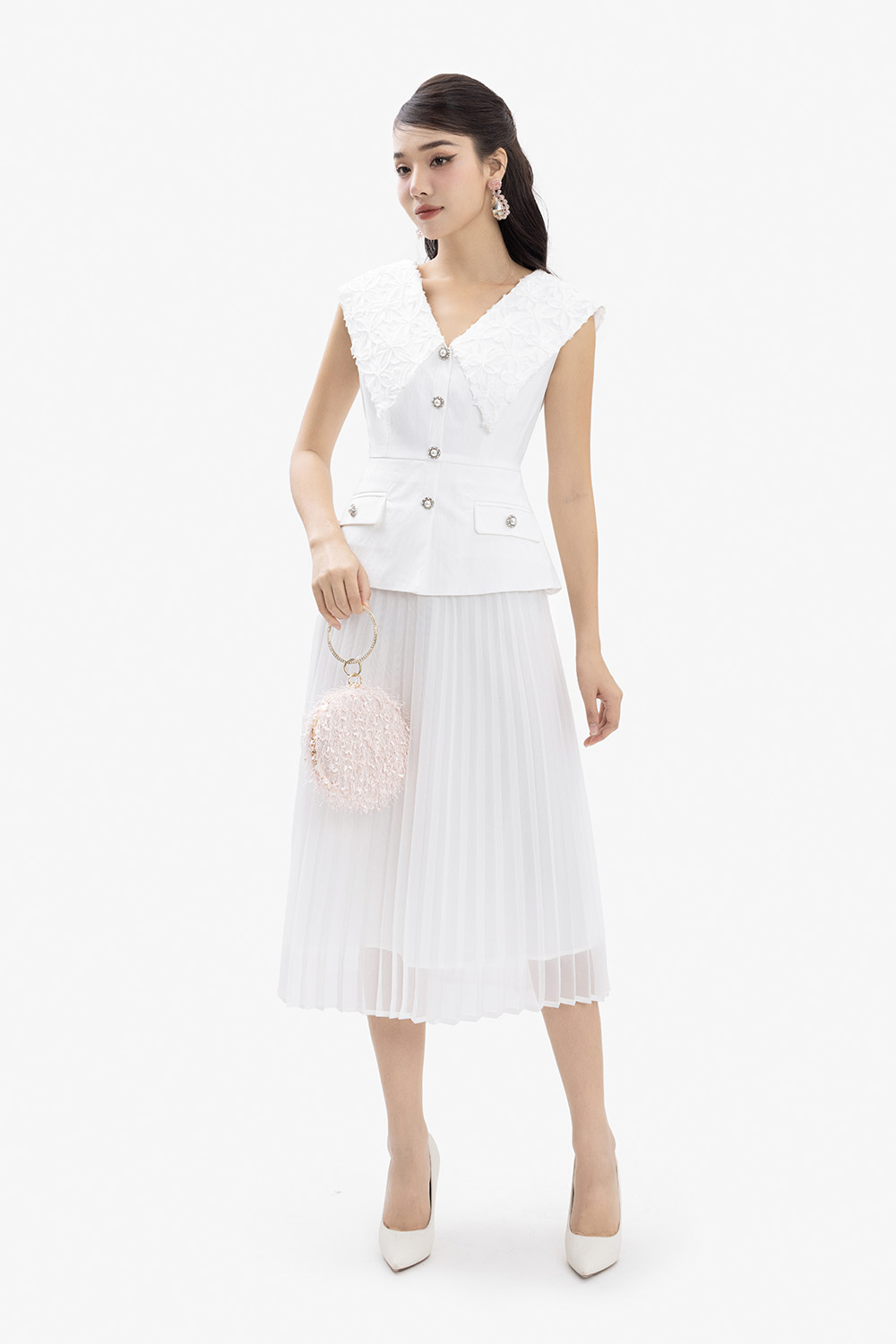 Đầm lệch vai dáng xòe màu trắng HL15-13 | Thời trang công sở K&K Fashion