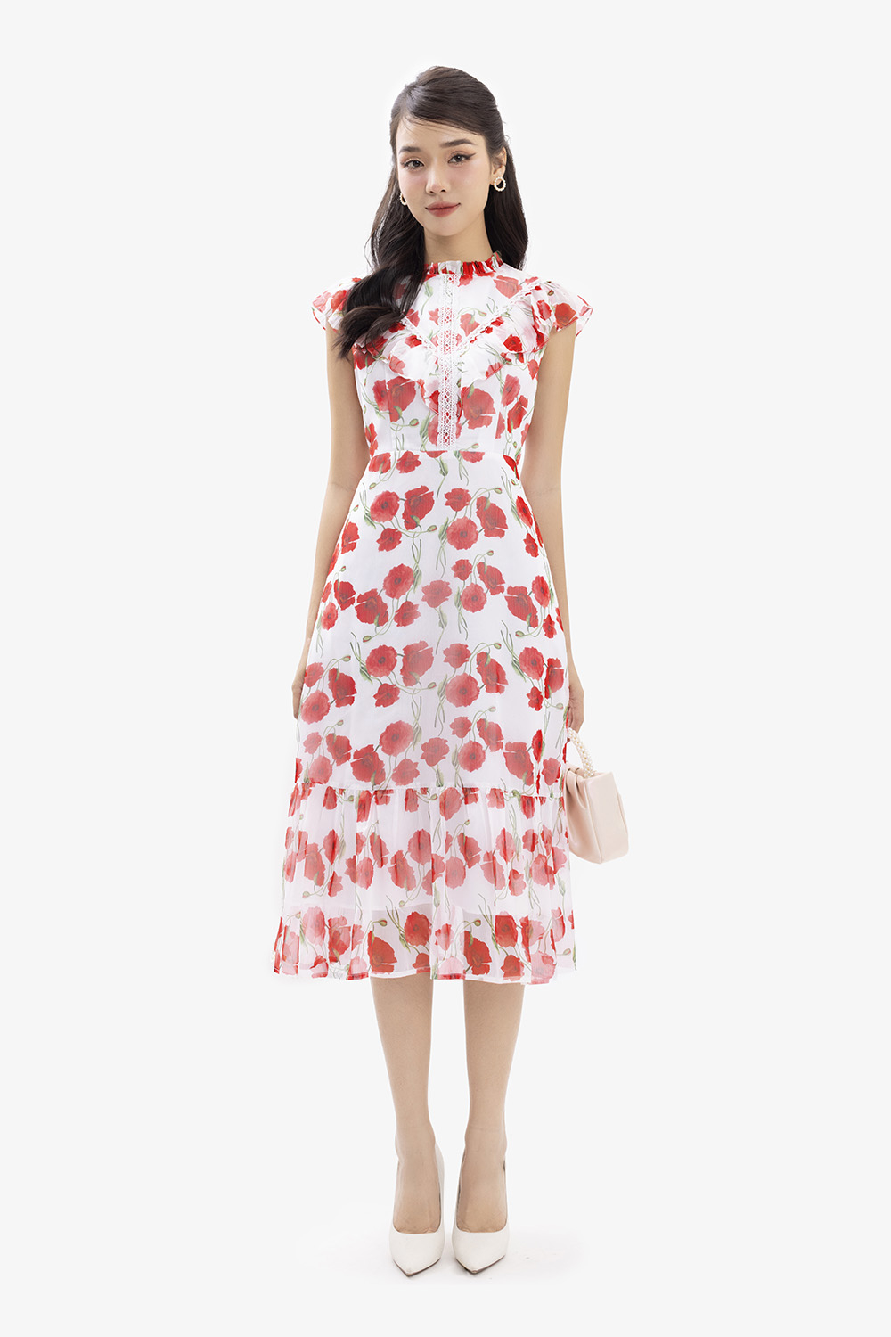 Đầm hoa dáng dài đuôi cá cổ trụ