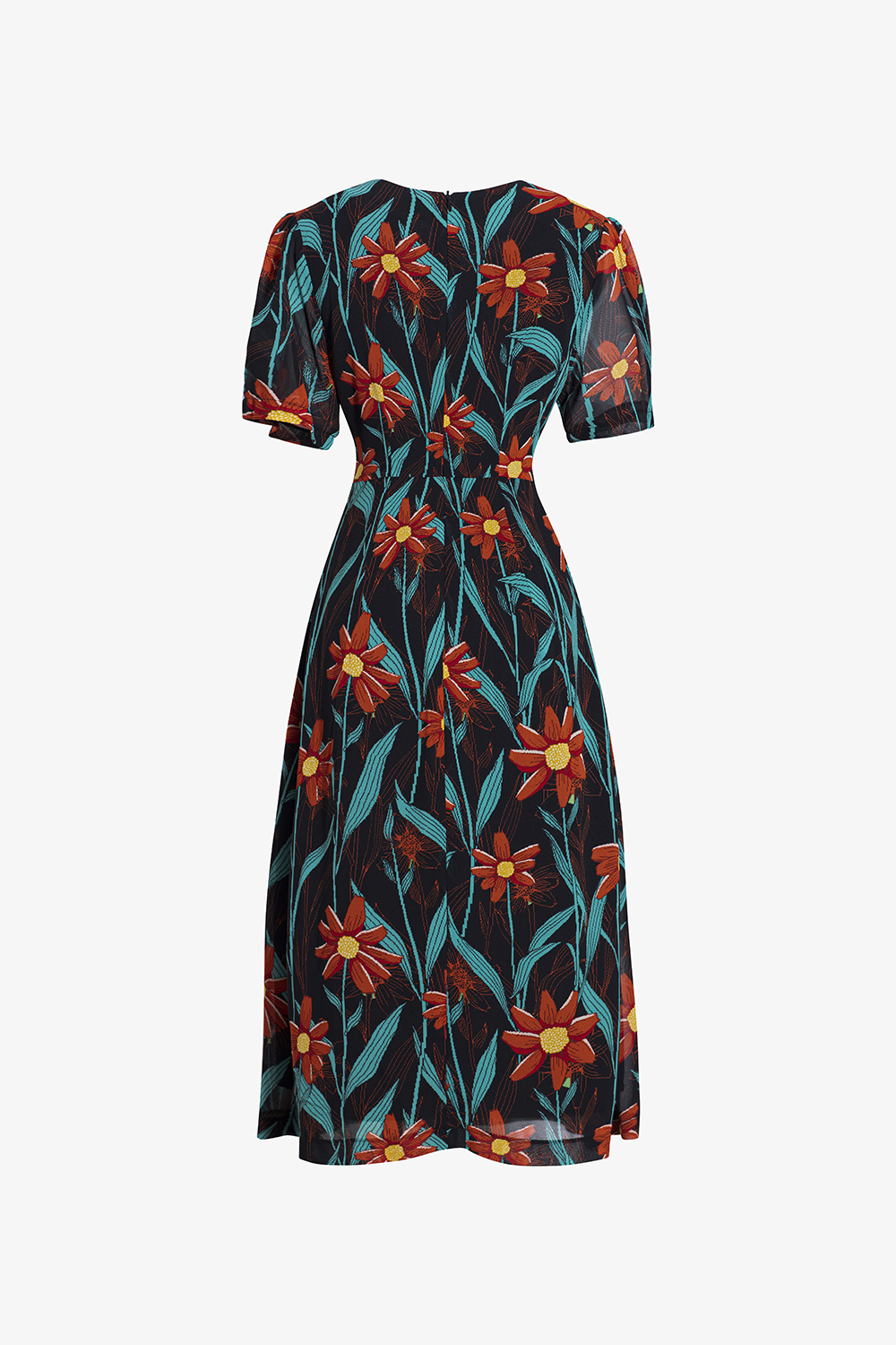 Đầm hoa dáng xòe nhấn eo cổ tròn