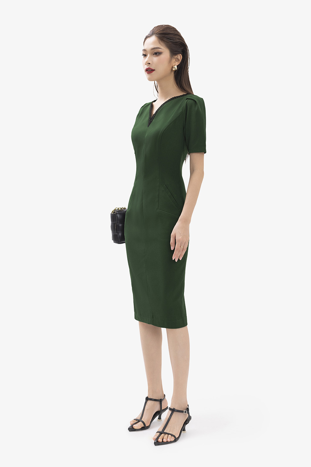 Đầm xanh công sở nữ dáng ôm body cổ V