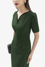 Đầm xanh công sở nữ dáng ôm body cổ V
