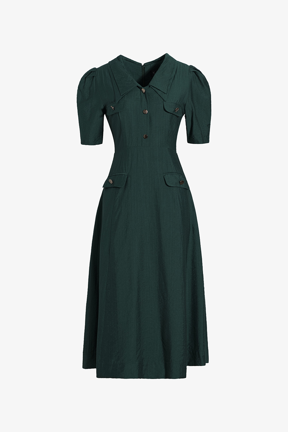 Đầm xòe phối túi màu xanh cổ sen nhọn