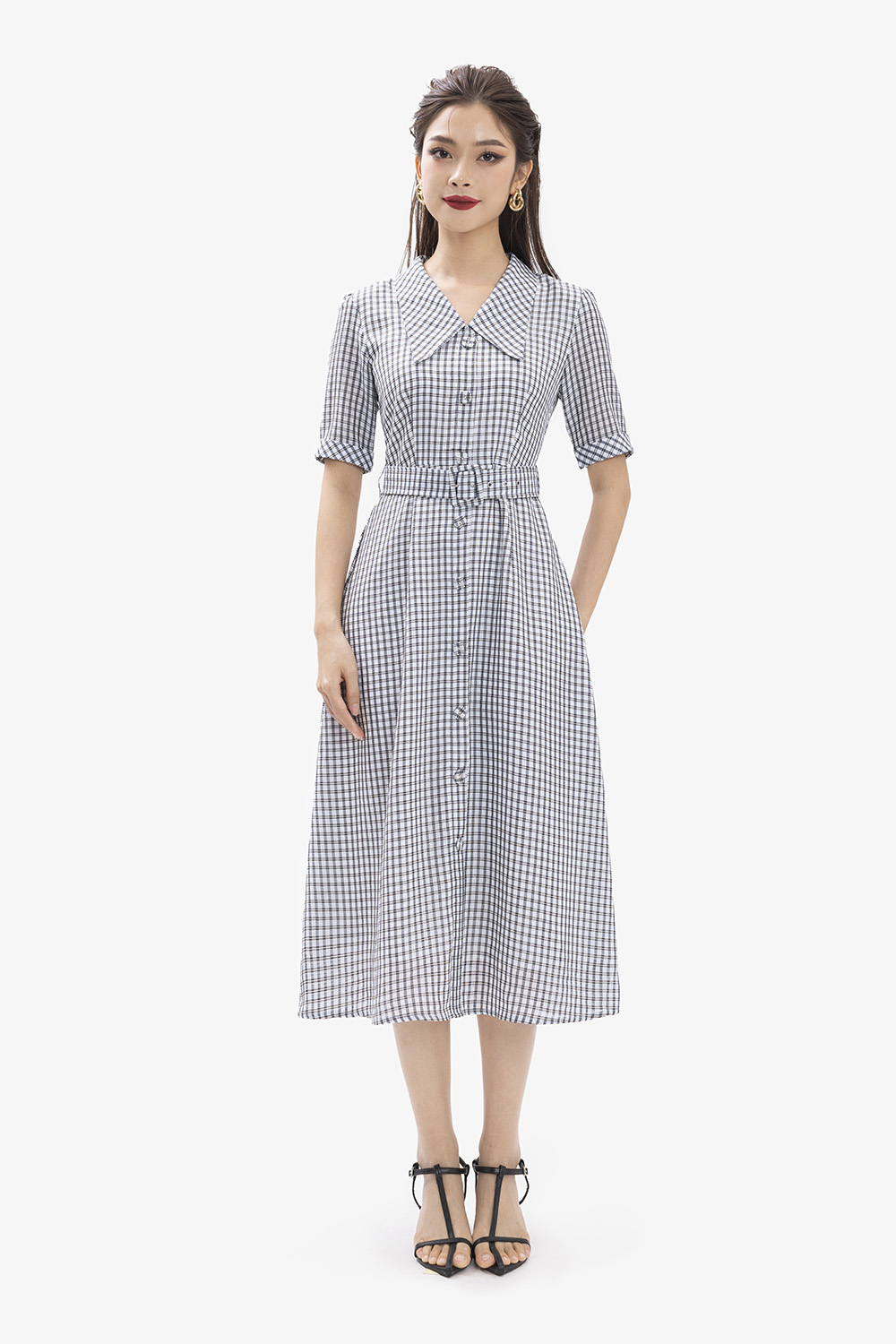 Đầm sơ mi kẻ sọc phối thắt lưng