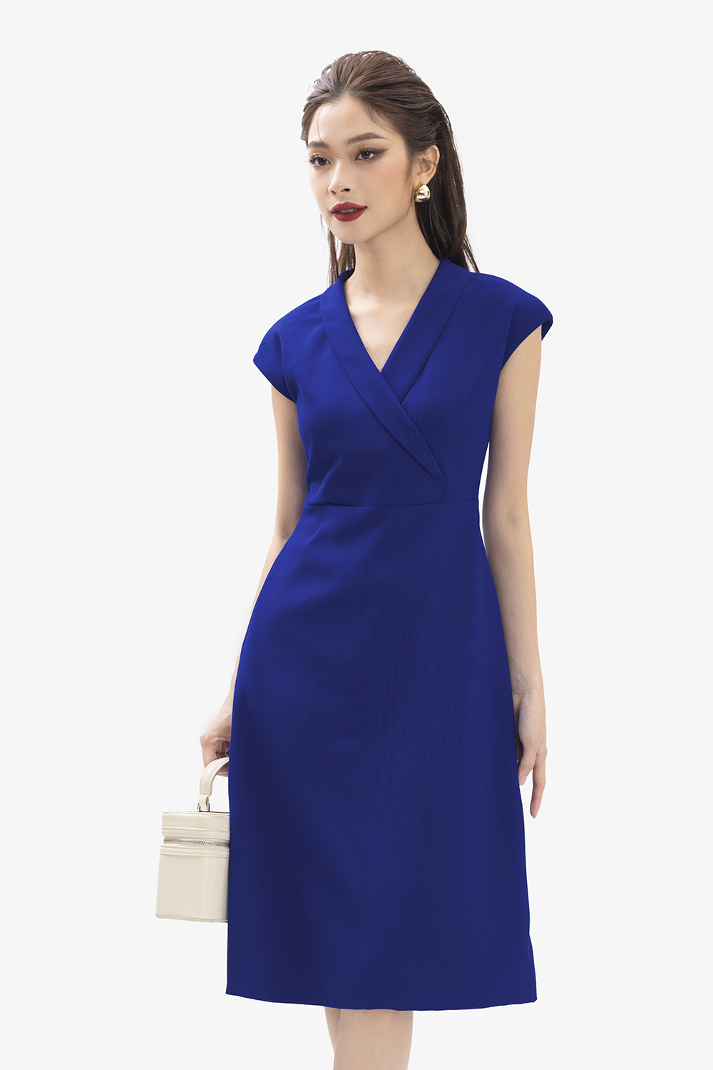 Đầm chữ A công sở màu xanh cổ đan tông