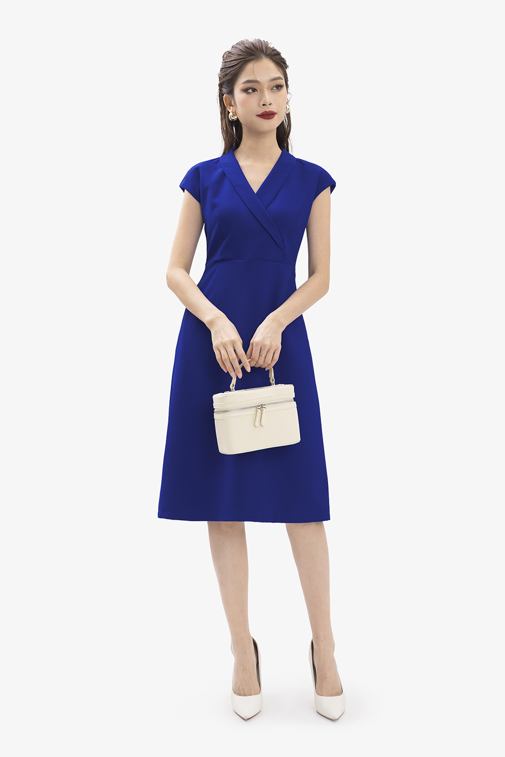 Đầm chữ A công sở màu xanh cổ đan tông