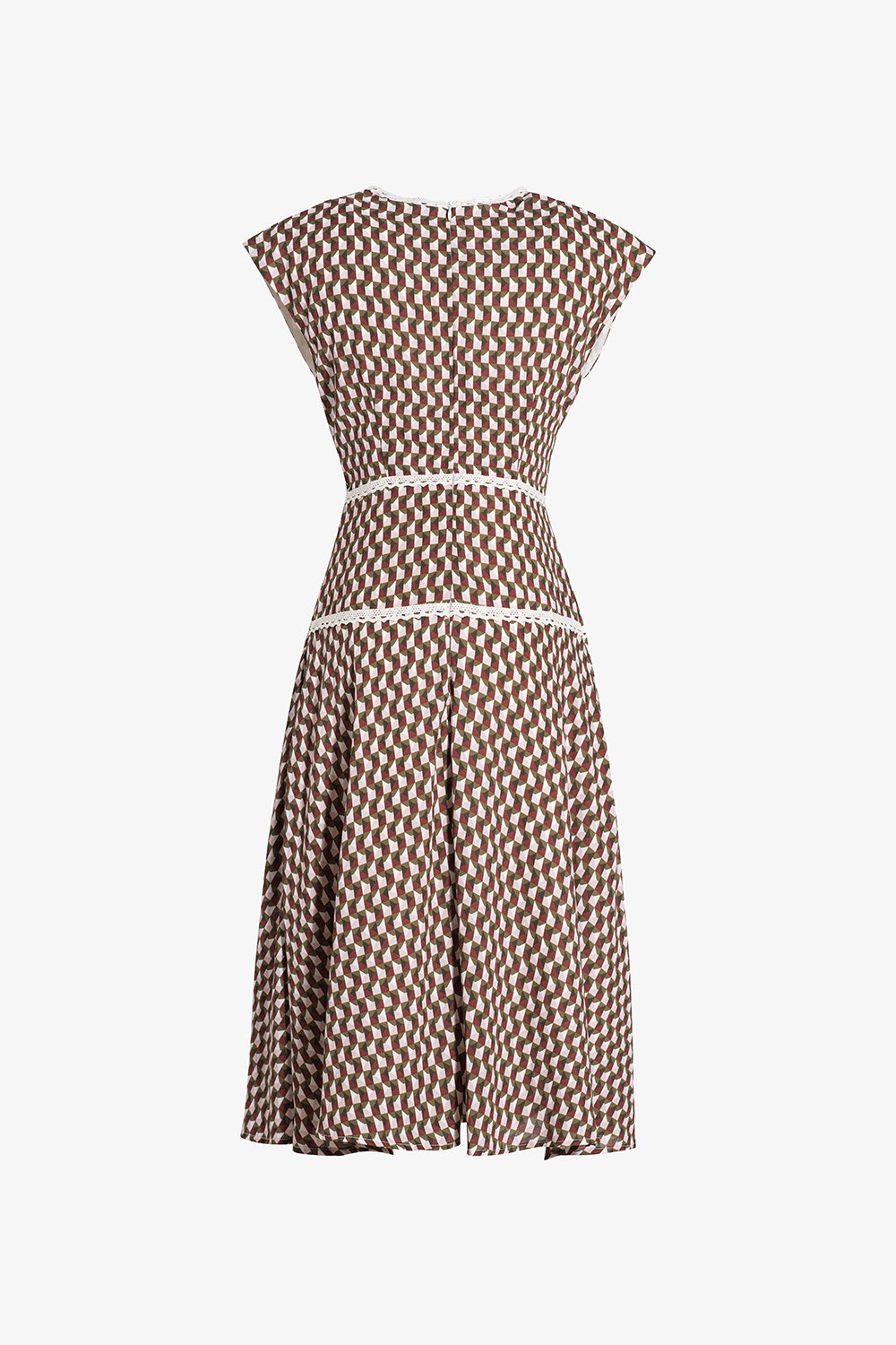 Đầm họa tiết chữ A eo cao cổ tim thắt nơ