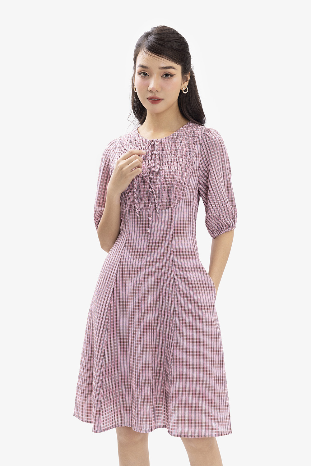 Đầm xòe tay lỡ họa tiết caro