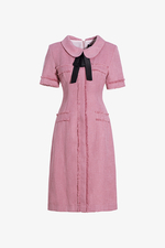 Đầm tweed hồng dáng chữ a cổ phối nơ đen