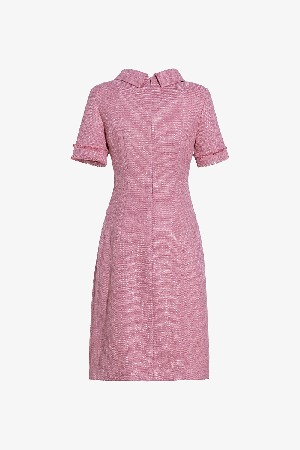 Đầm tweed hồng dáng chữ a cổ phối nơ đen