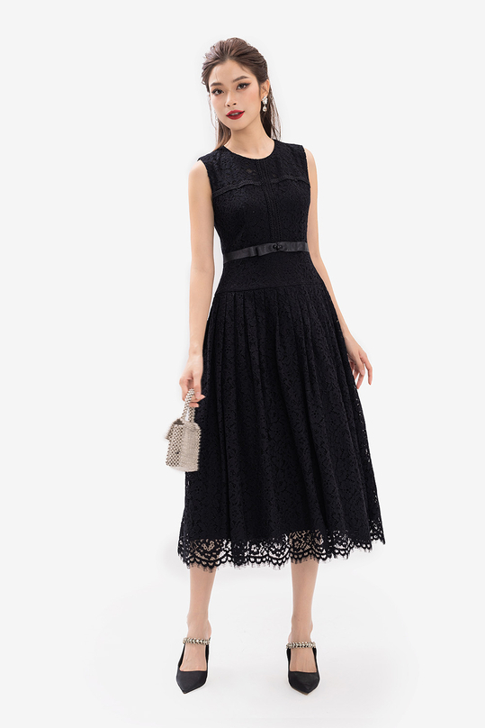 Đầm ren cotton dáng xòe màu đen KK166-06