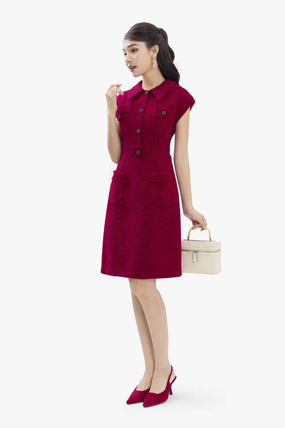 Đầm dự tiệc dáng chữ A cổ sen phối nút