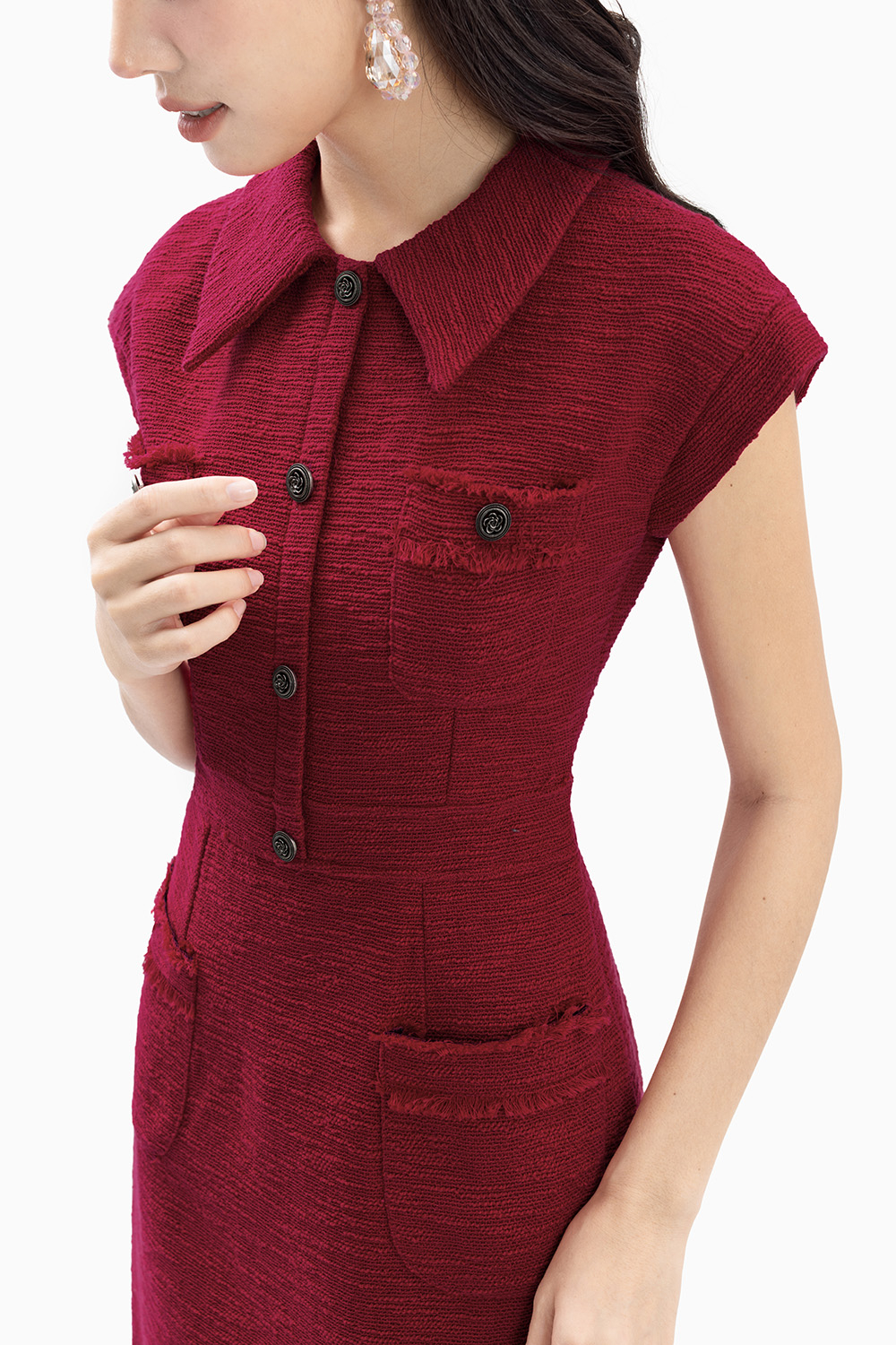 Đầm dự tiệc dáng chữ A cổ sen phối nút