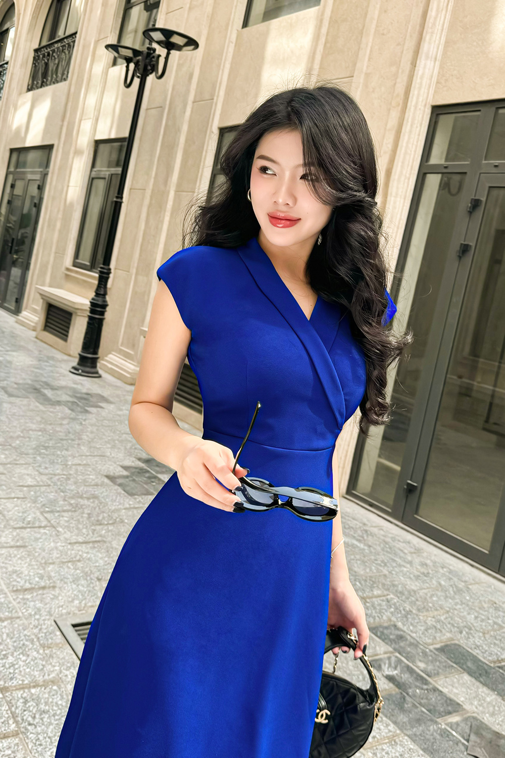 Đầm chữ A công sở màu xanh cổ đan tông