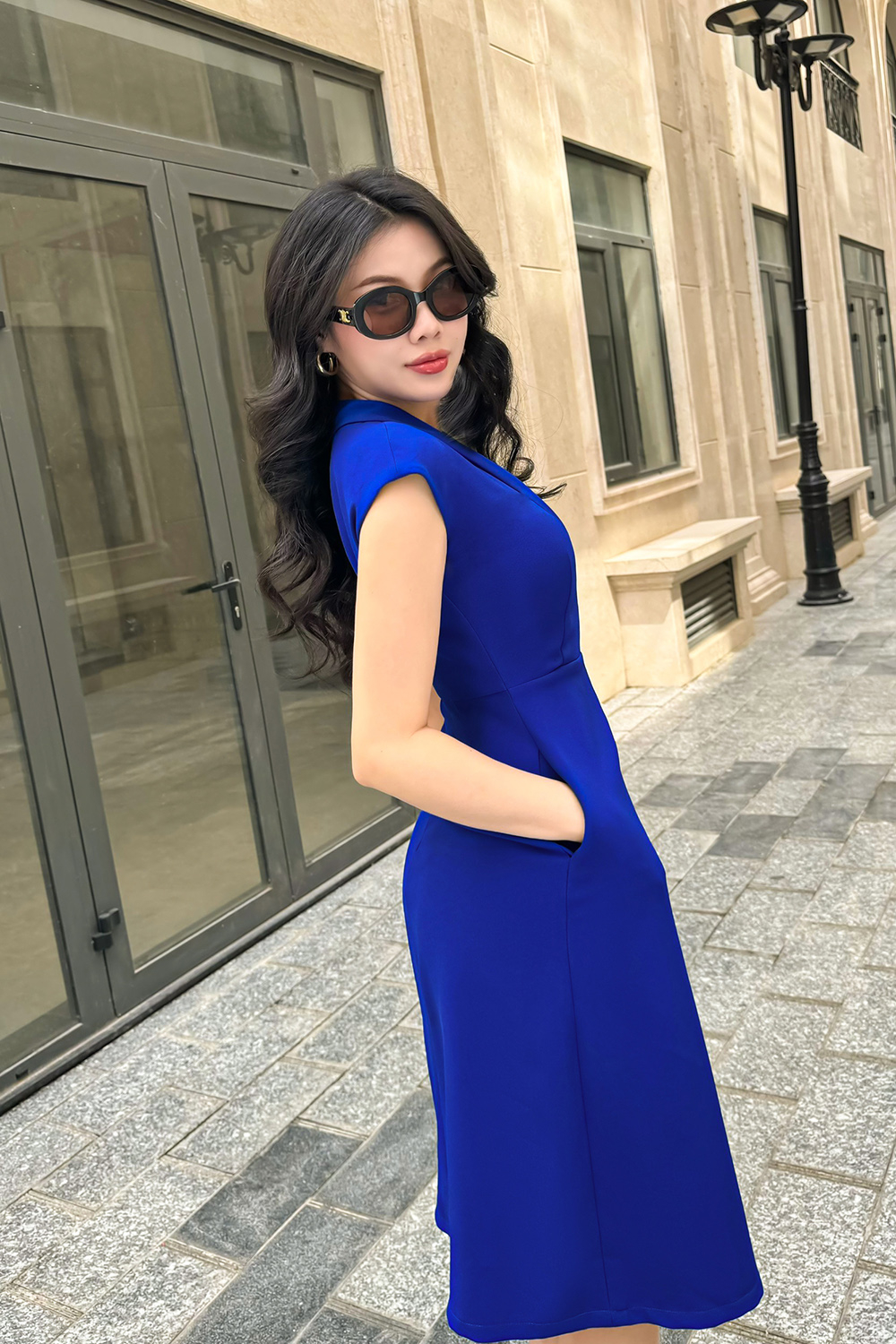 Đầm chữ A công sở màu xanh cổ đan tông