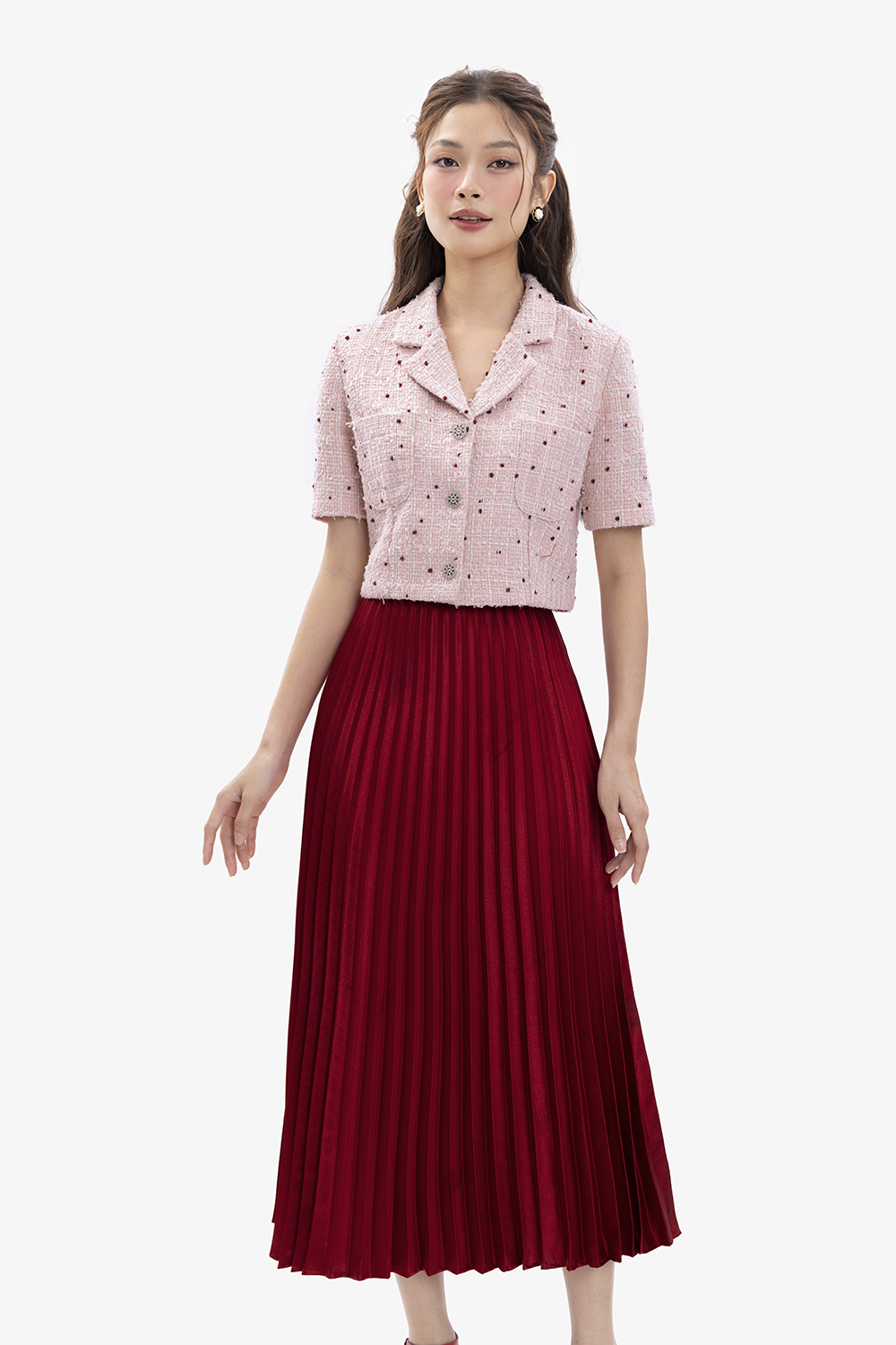 Áo khoác tweed dáng ngắn màu hồng