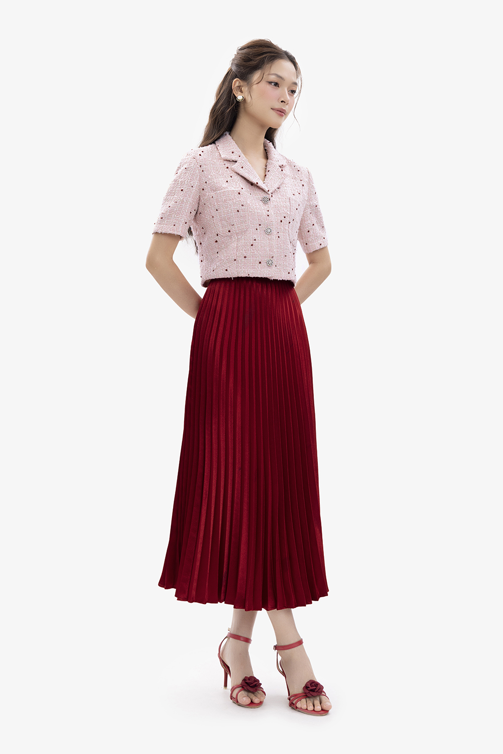 Áo khoác tweed dáng ngắn màu hồng