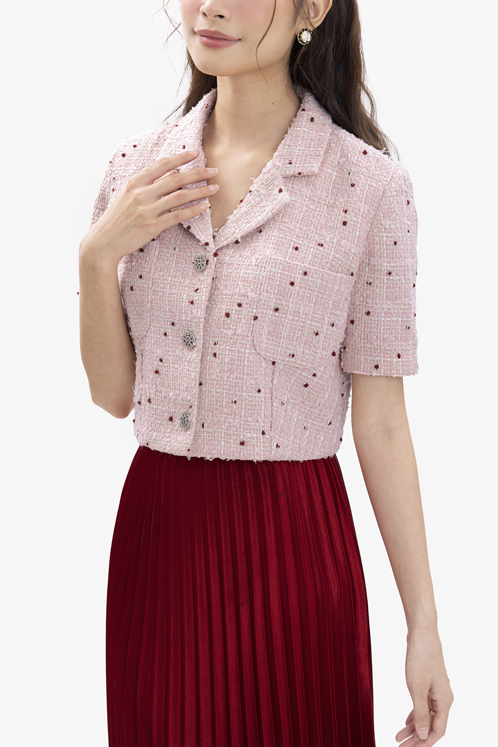 Áo khoác tweed dáng ngắn màu hồng