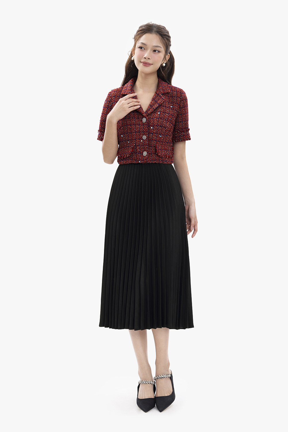 Áo khoác tweed nữ dáng ngắn màu đỏ