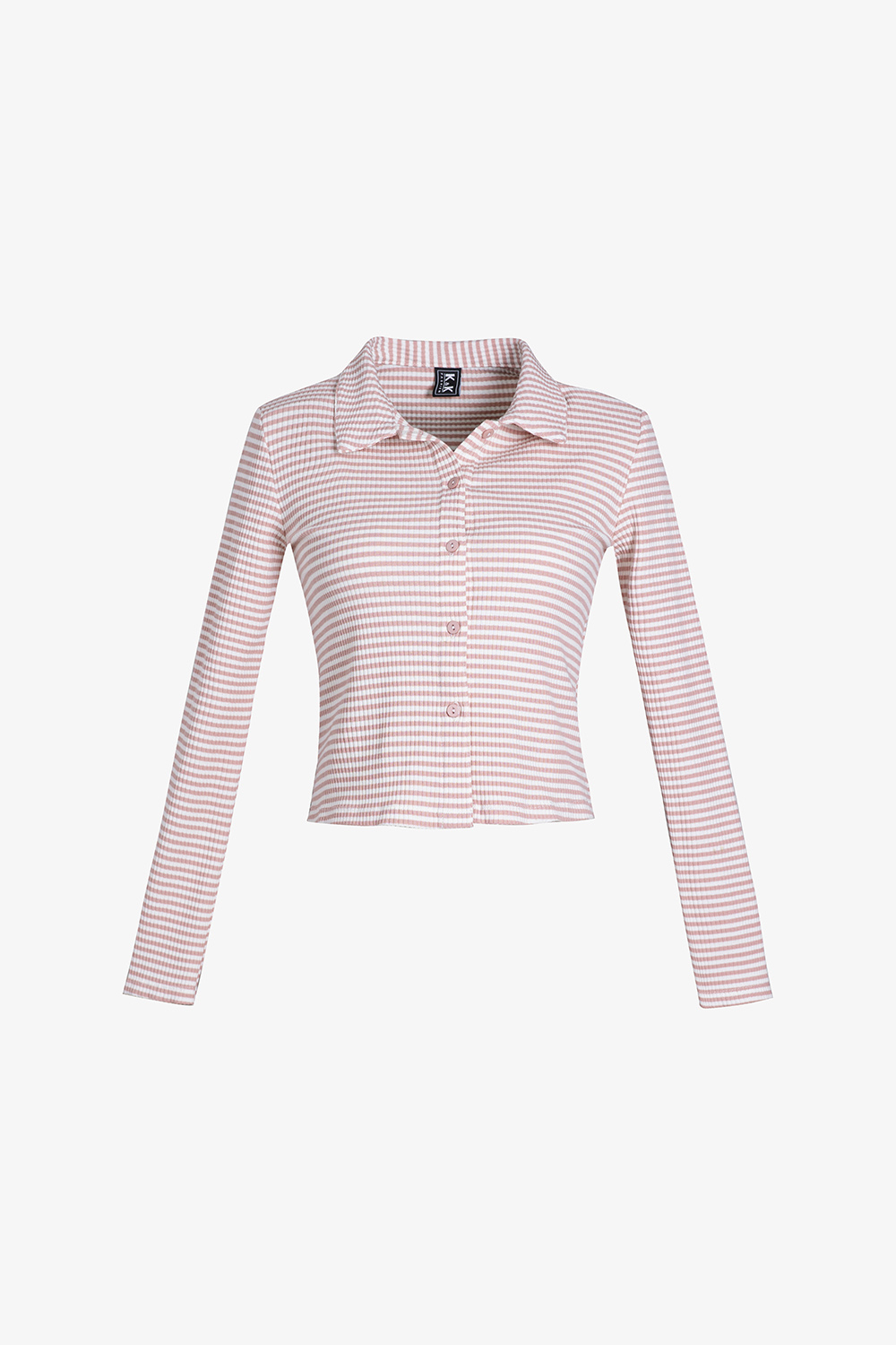 Áo thun nữ sọc trắng hồng cổ sơ mi