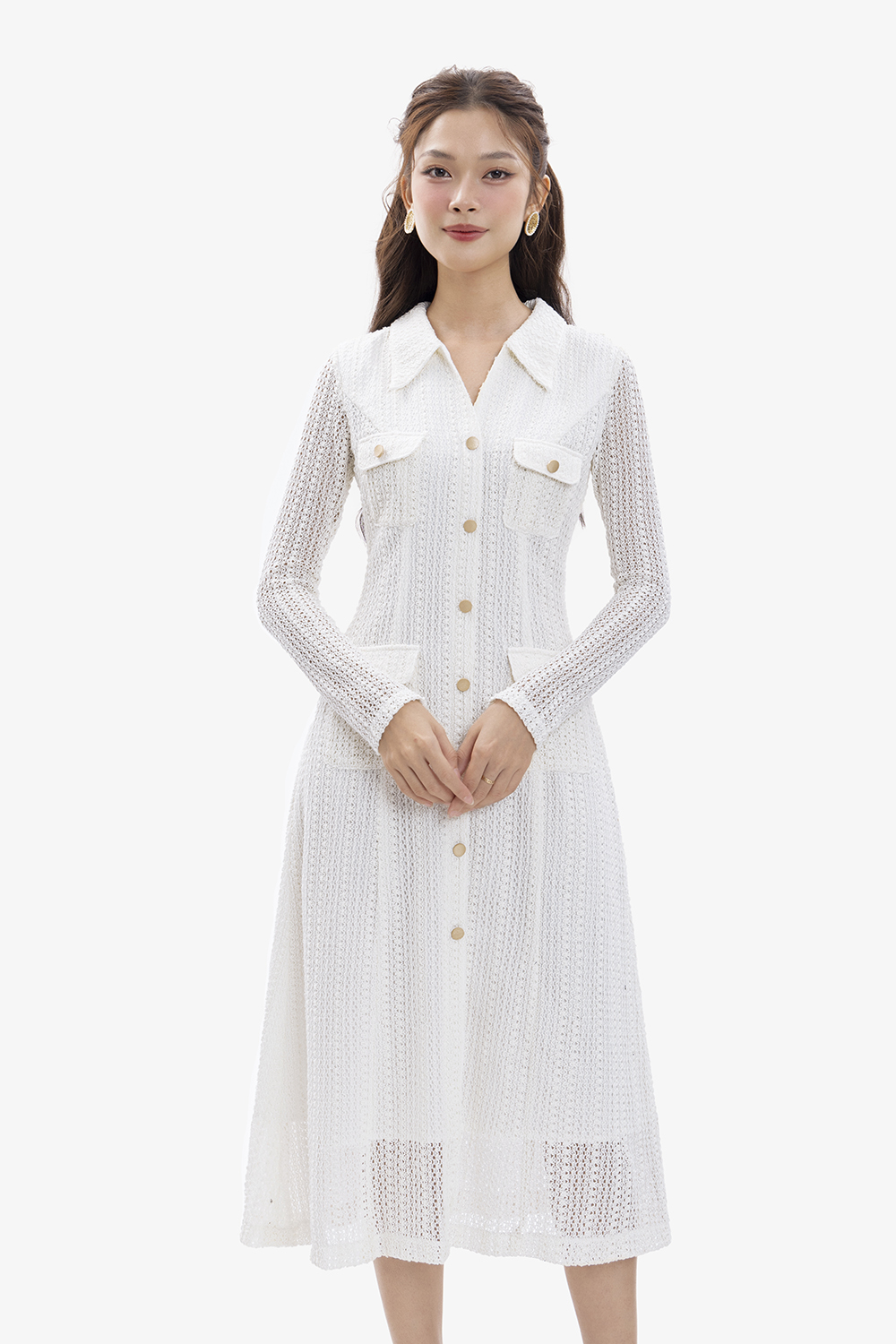 Đầm ren thun trắng dự tiệc dáng dài chữ a