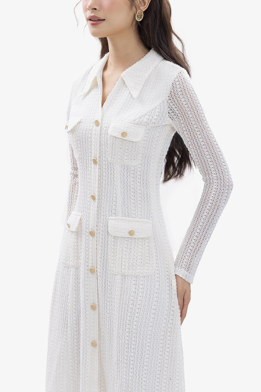 Đầm ren thun trắng dự tiệc dáng dài chữ a