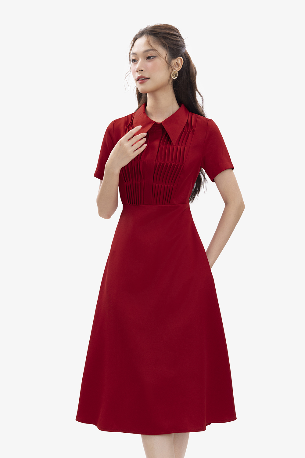 Mẫu váy đầm xòe dự tiệc cưới màu đỏ cô vuông đính hạt ngọc sang trọng thanh  lịch có bigsize mẫu mới giá rẻ đẹp hót hít , váy đầm đi chơi
