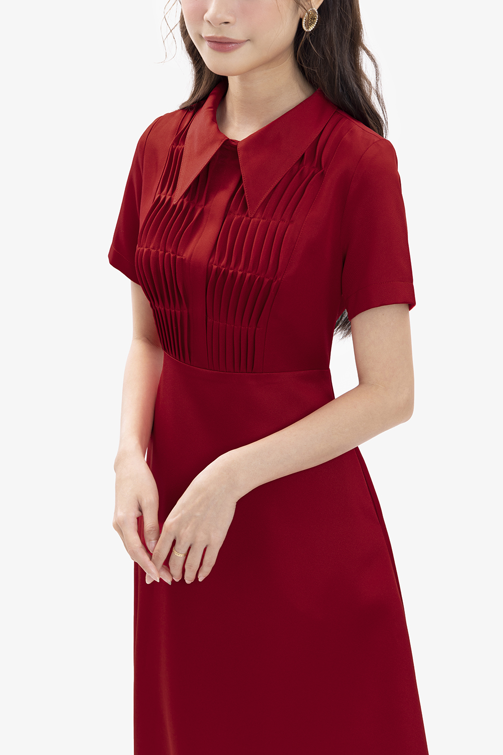 Đầm đỏ dự tiệc dáng xòe cổ sơ mi