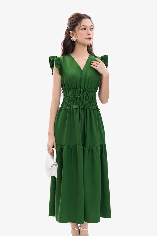 Váy nữ xòe dáng dài màu xanh eo bo chun HL26-14