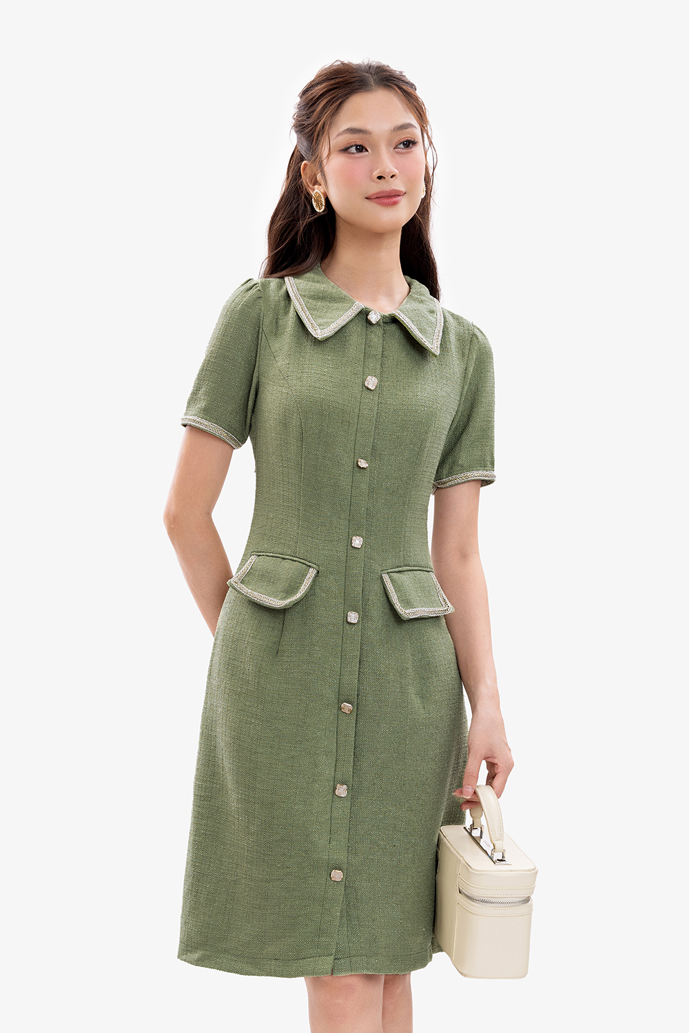 Đầm tweed dự tiệc dáng chữ a màu xanh phối túi