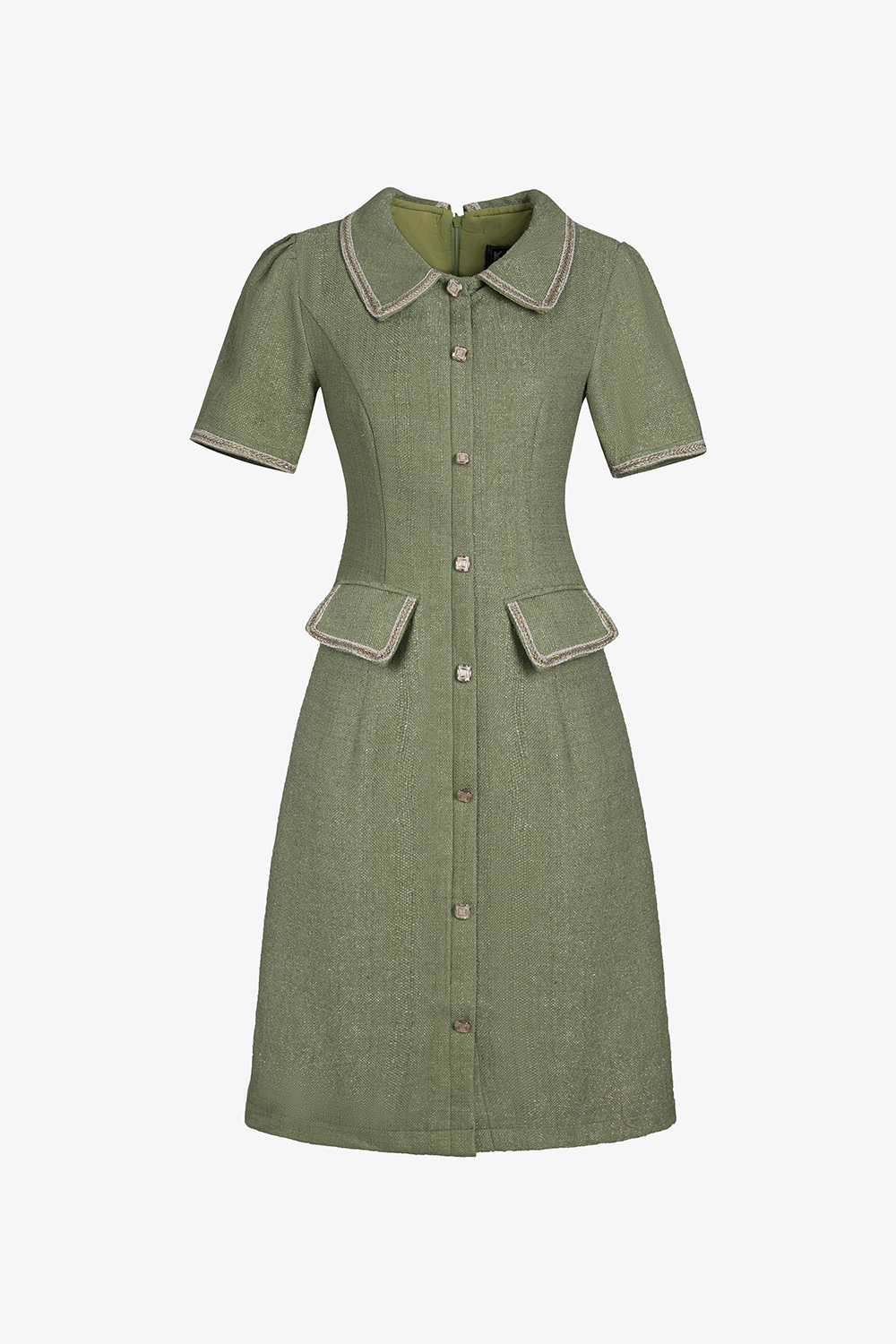 Đầm tweed dự tiệc dáng chữ a màu xanh phối túi