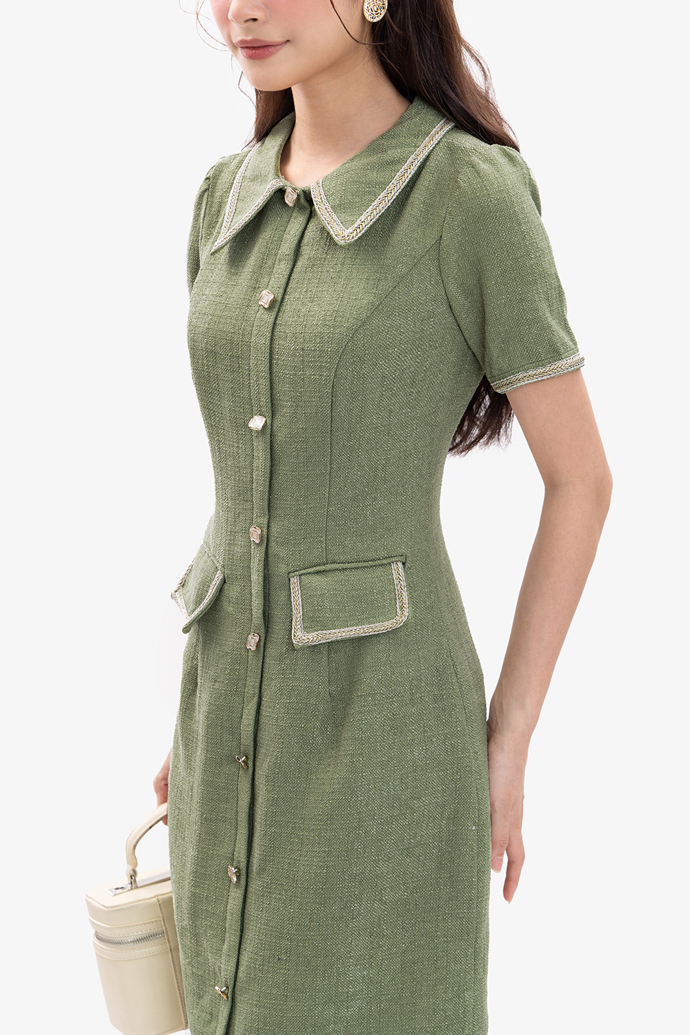 Đầm tweed dự tiệc dáng chữ a màu xanh phối túi