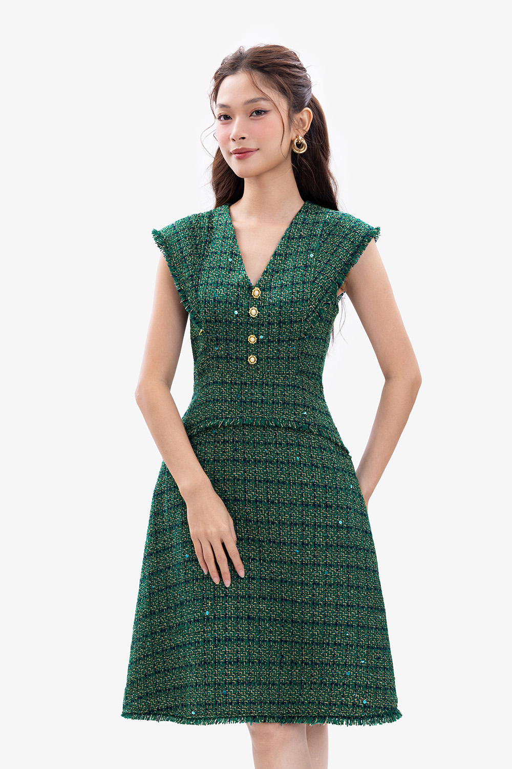 Đầm tweed dự tiệc xanh dáng chữ A cổ V