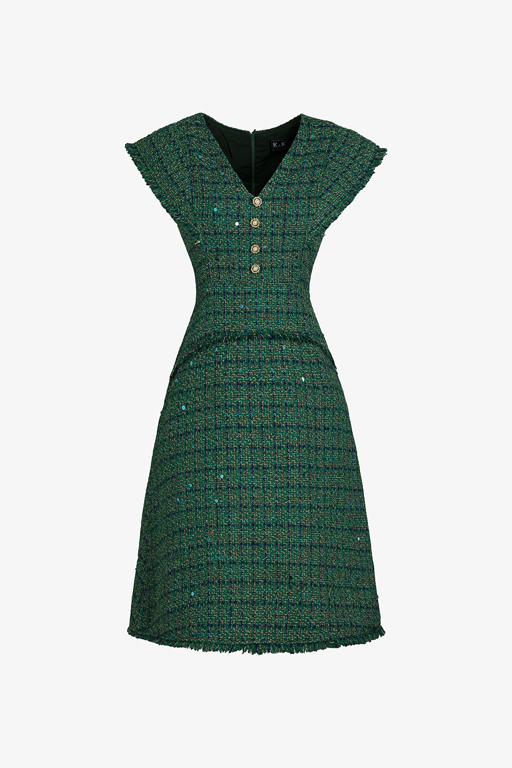Đầm tweed dự tiệc xanh dáng chữ A cổ V