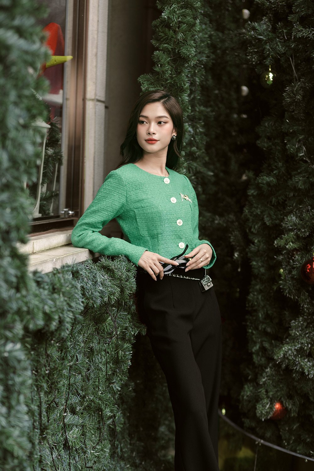 Áo khoác tweed nữ màu xanh cổ tròn