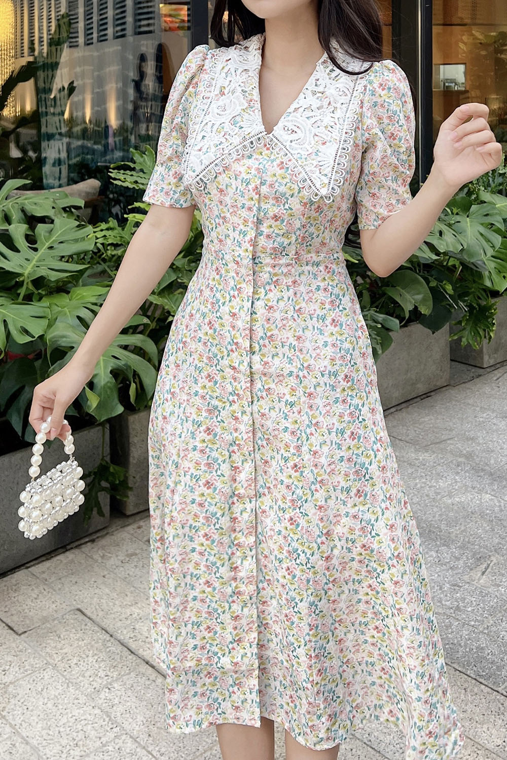 Đầm midi dáng chữ A họa tiết hoa nhí