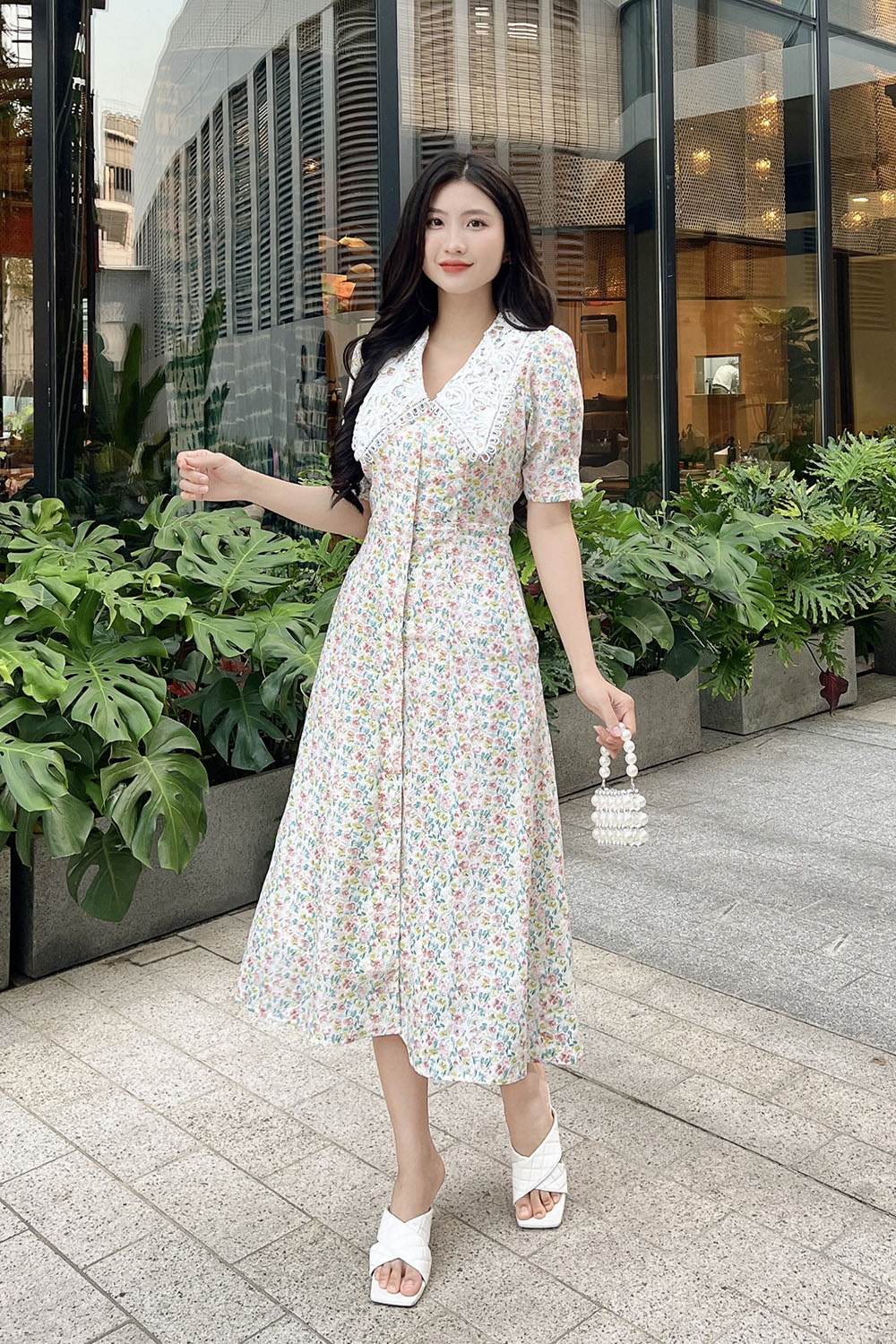 Đầm midi dáng chữ A họa tiết hoa nhí