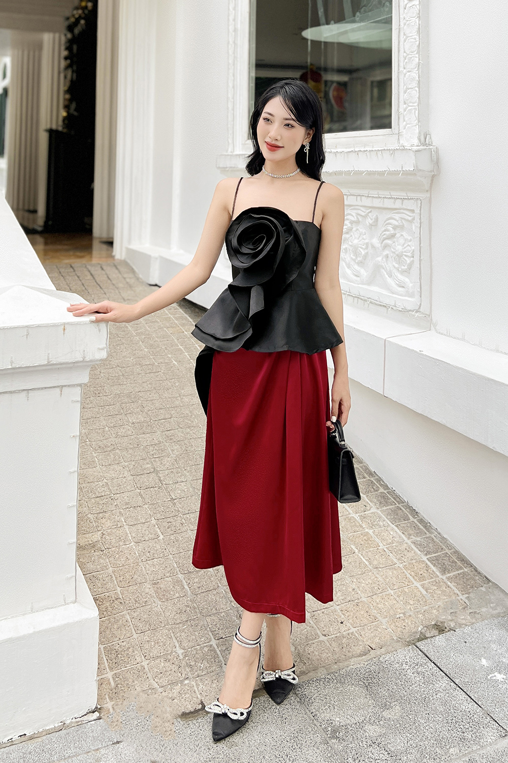 Chân váy lụa satin màu đỏ nhún eo CV06-39 | Thời trang công sở K&K Fashion