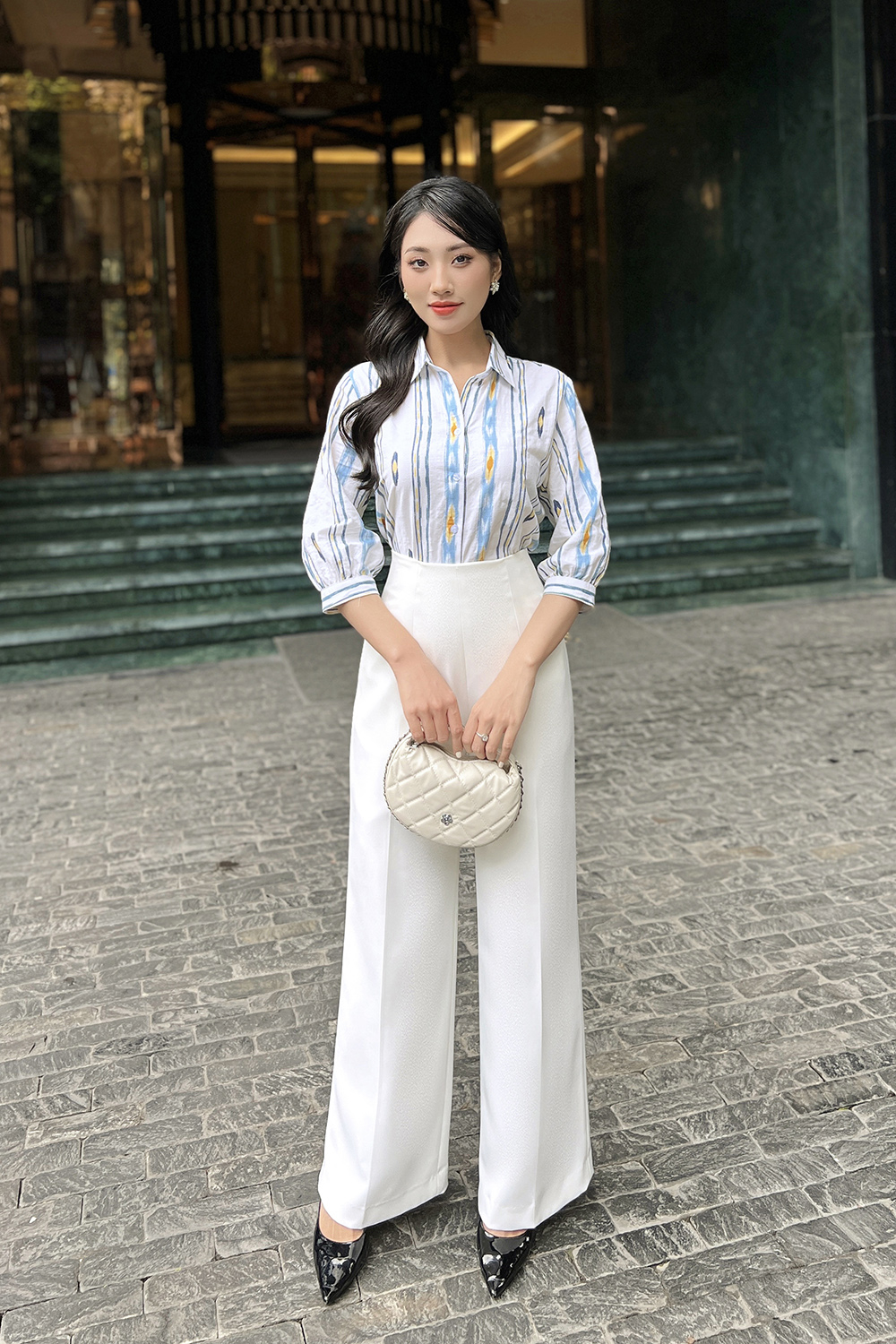 Áo sơ mi công sở nữ họa tiết tay lửng