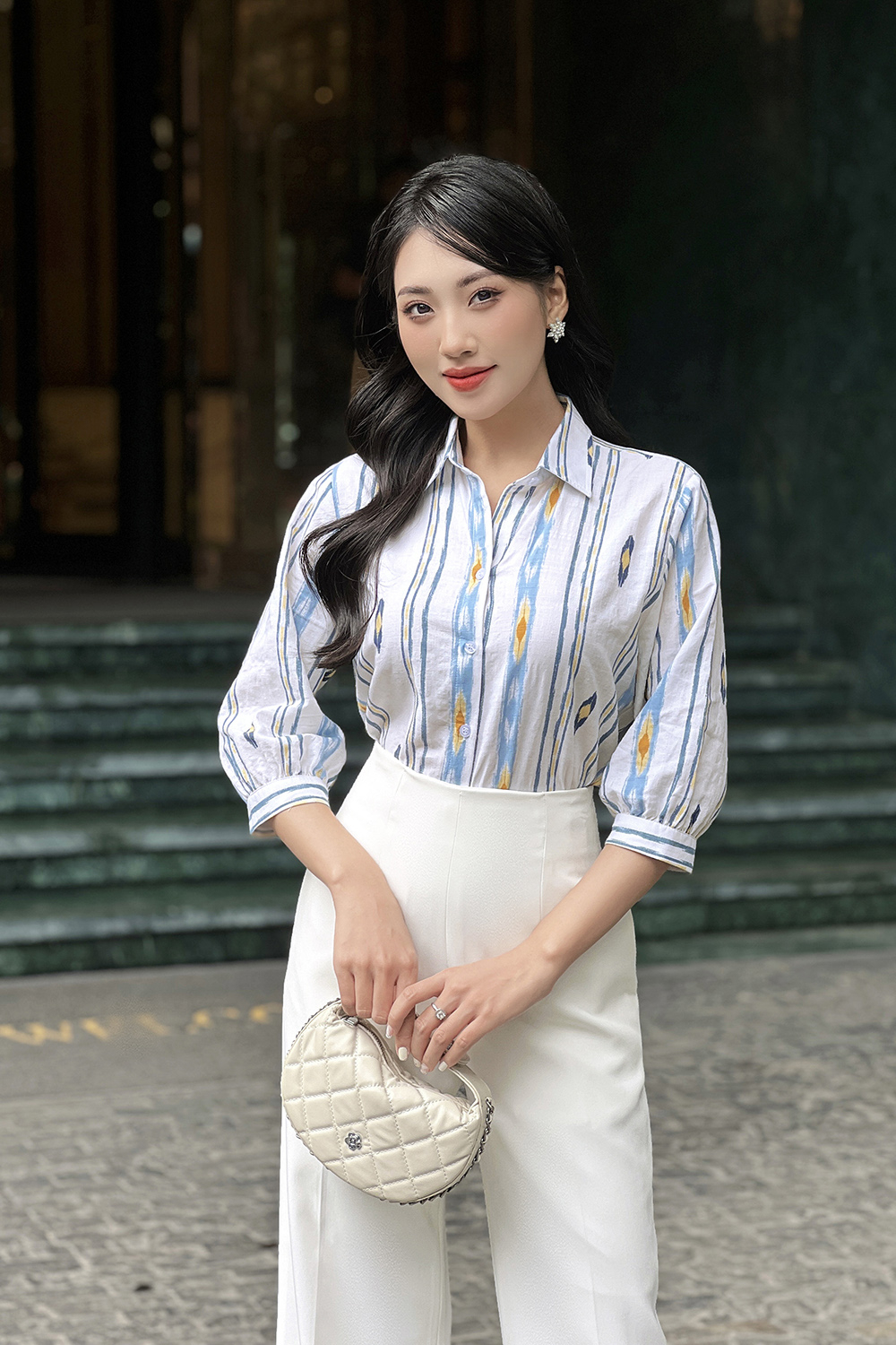 Áo sơ mi công sở nữ họa tiết tay lửng