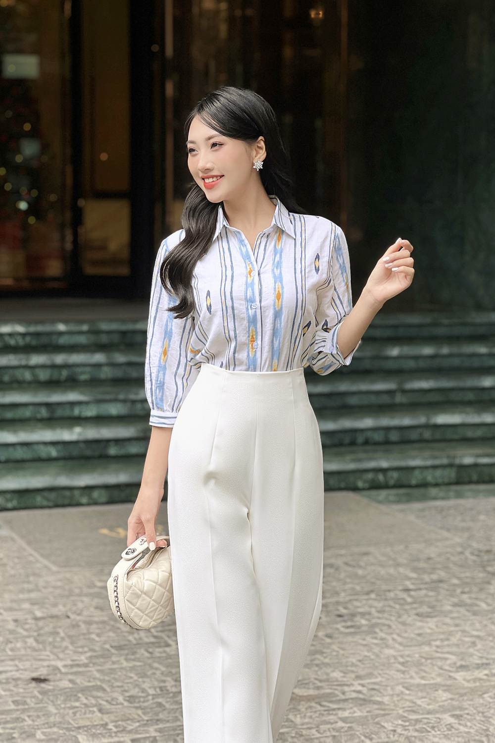 Áo sơ mi công sở nữ họa tiết tay lửng