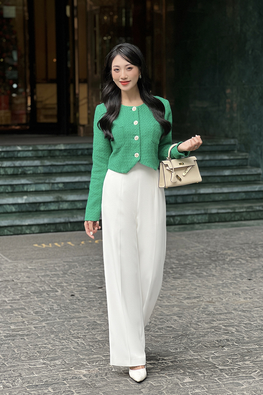 Áo khoác tweed nữ màu xanh cổ tròn