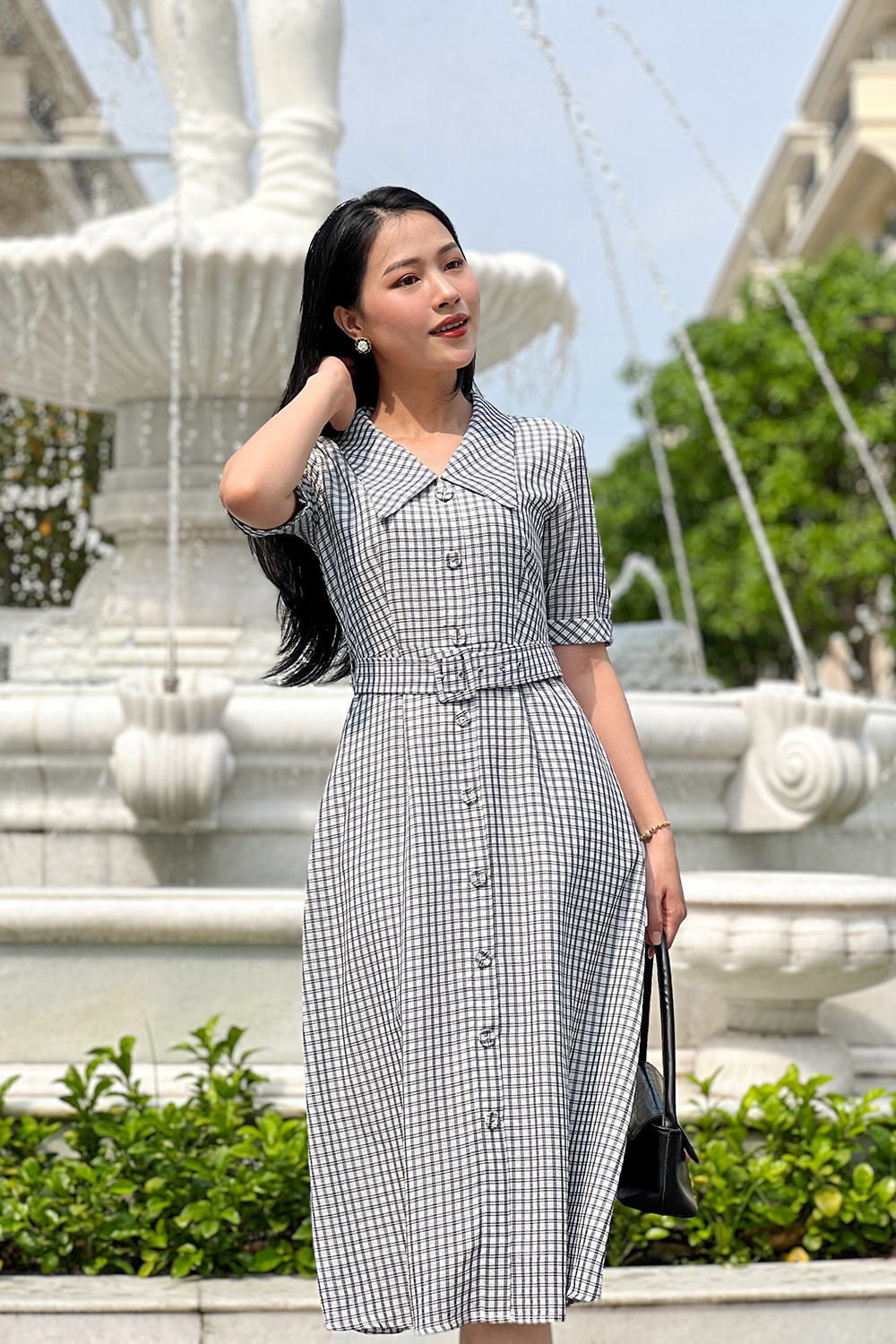 Đầm sơ mi kẻ sọc phối thắt lưng