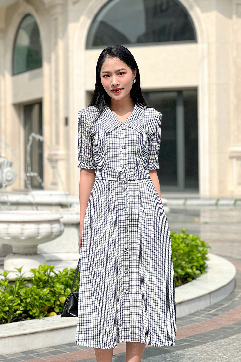 Đầm sơ mi kẻ sọc phối thắt lưng