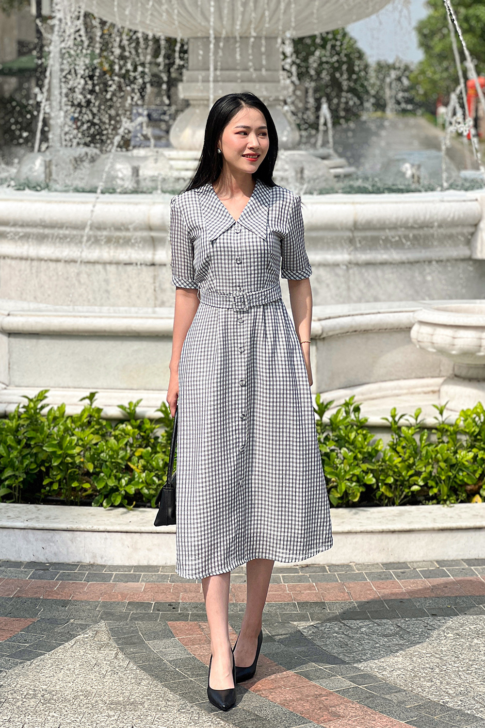 Đầm sơ mi kẻ sọc phối thắt lưng