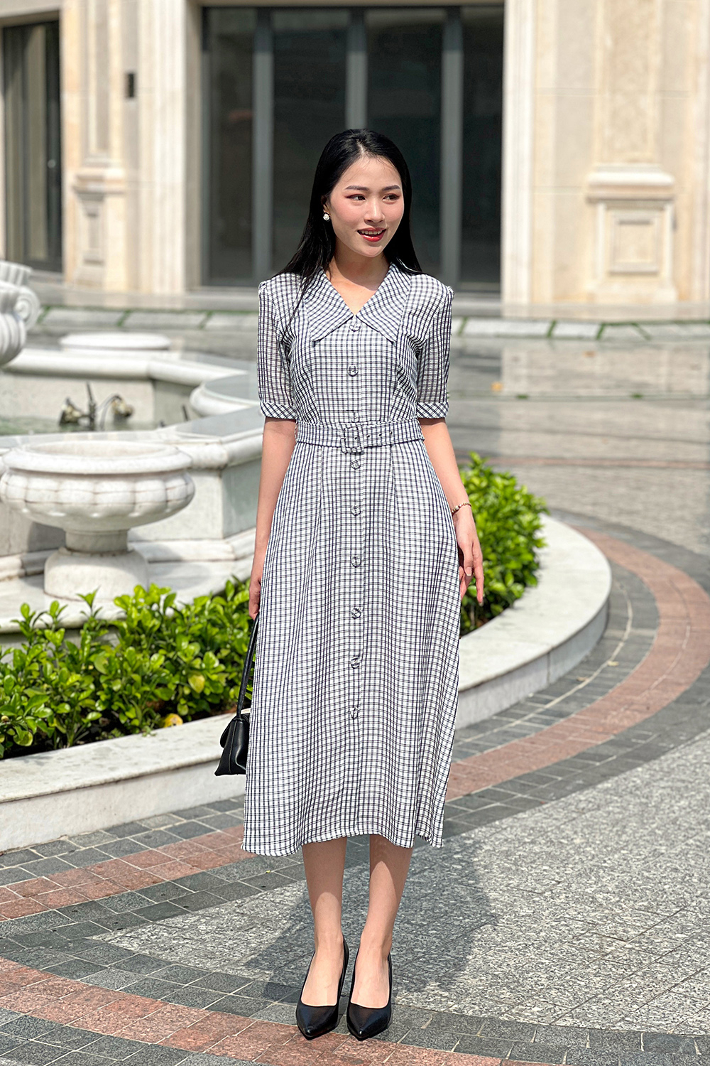 Đầm sơ mi kẻ sọc phối thắt lưng