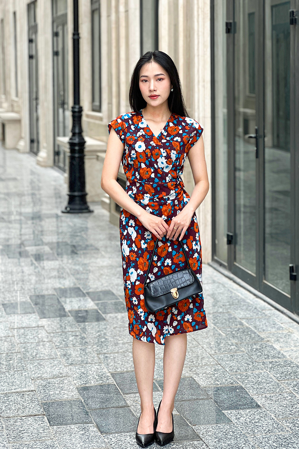 Đầm hoa dáng wrap dress cổ V nhấn eo