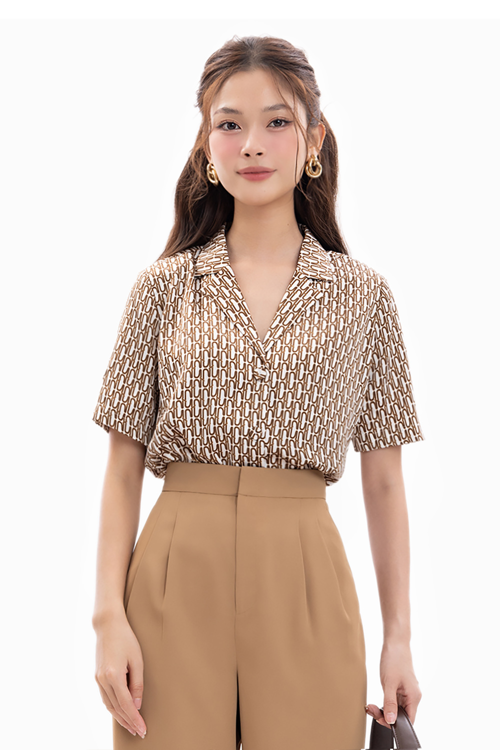 Áo sơ mi nữ họa tiết cổ đan tông