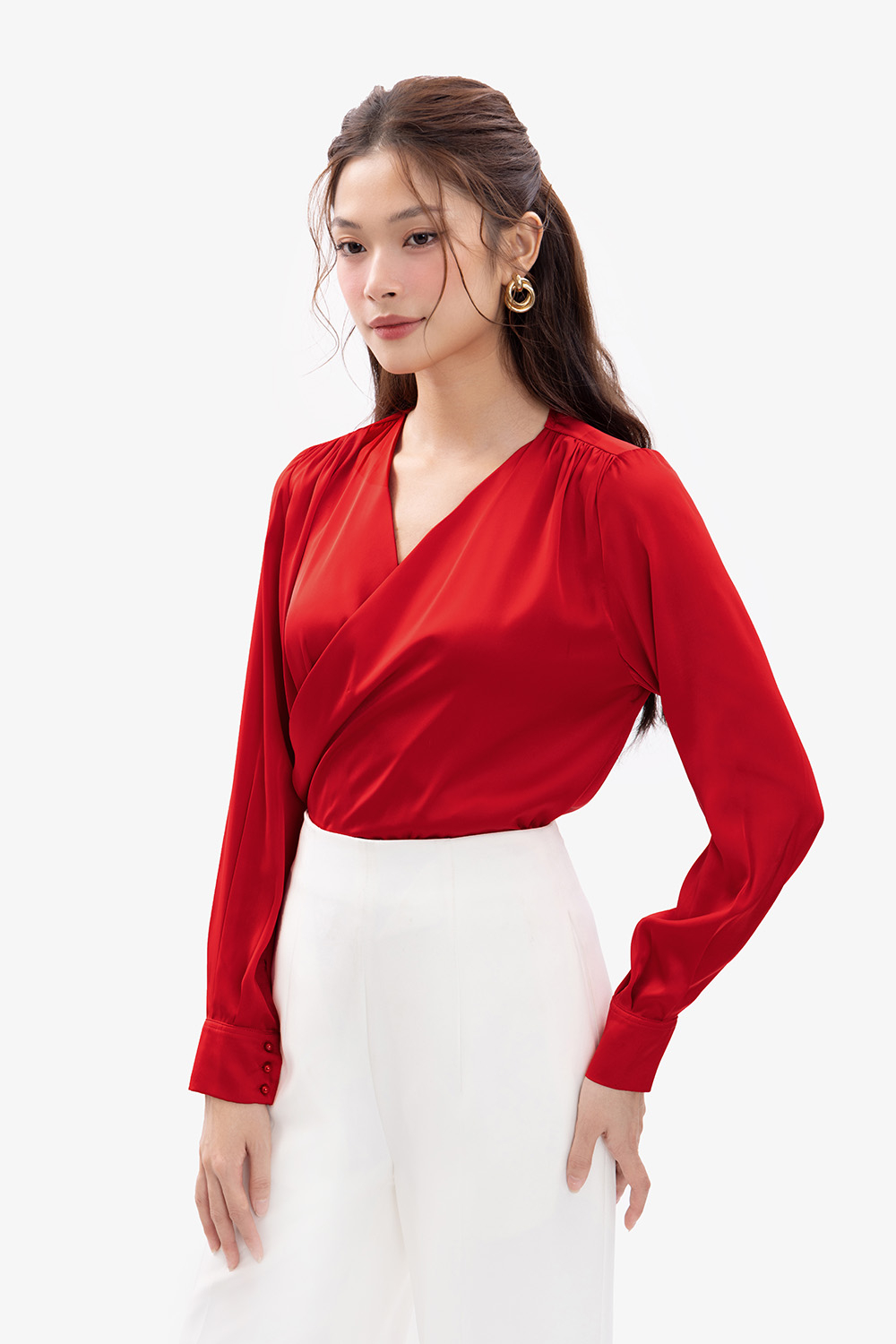 Áo lụa cổ đắp chéo tay dài màu đỏ tươi ASM17-39