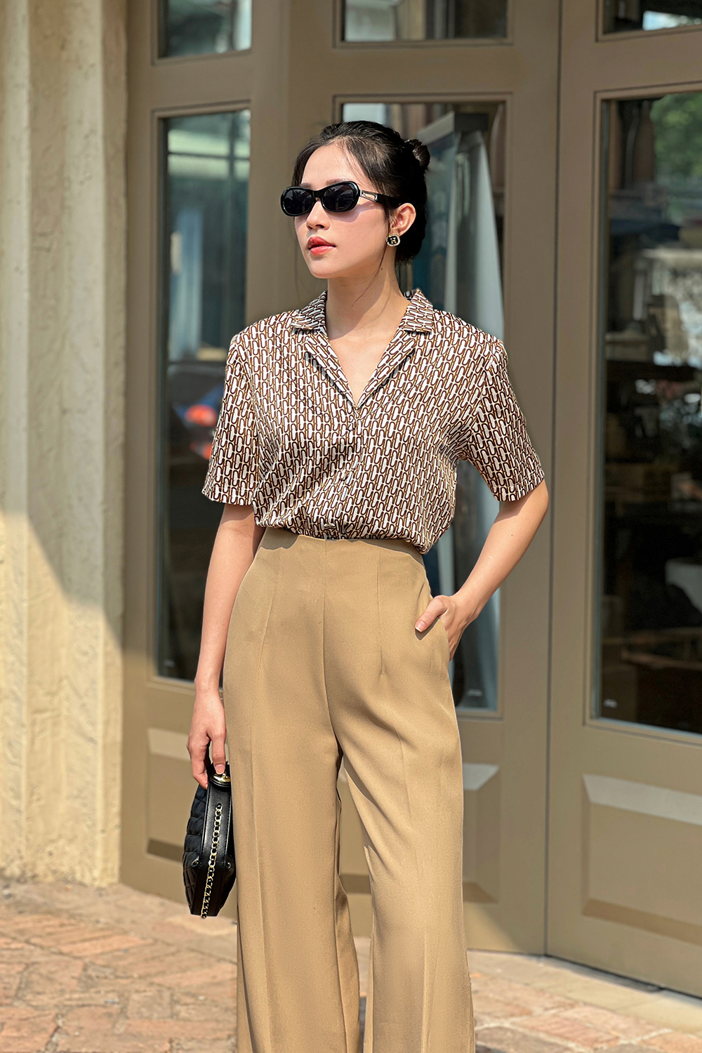 Áo sơ mi nữ họa tiết cổ đan tông